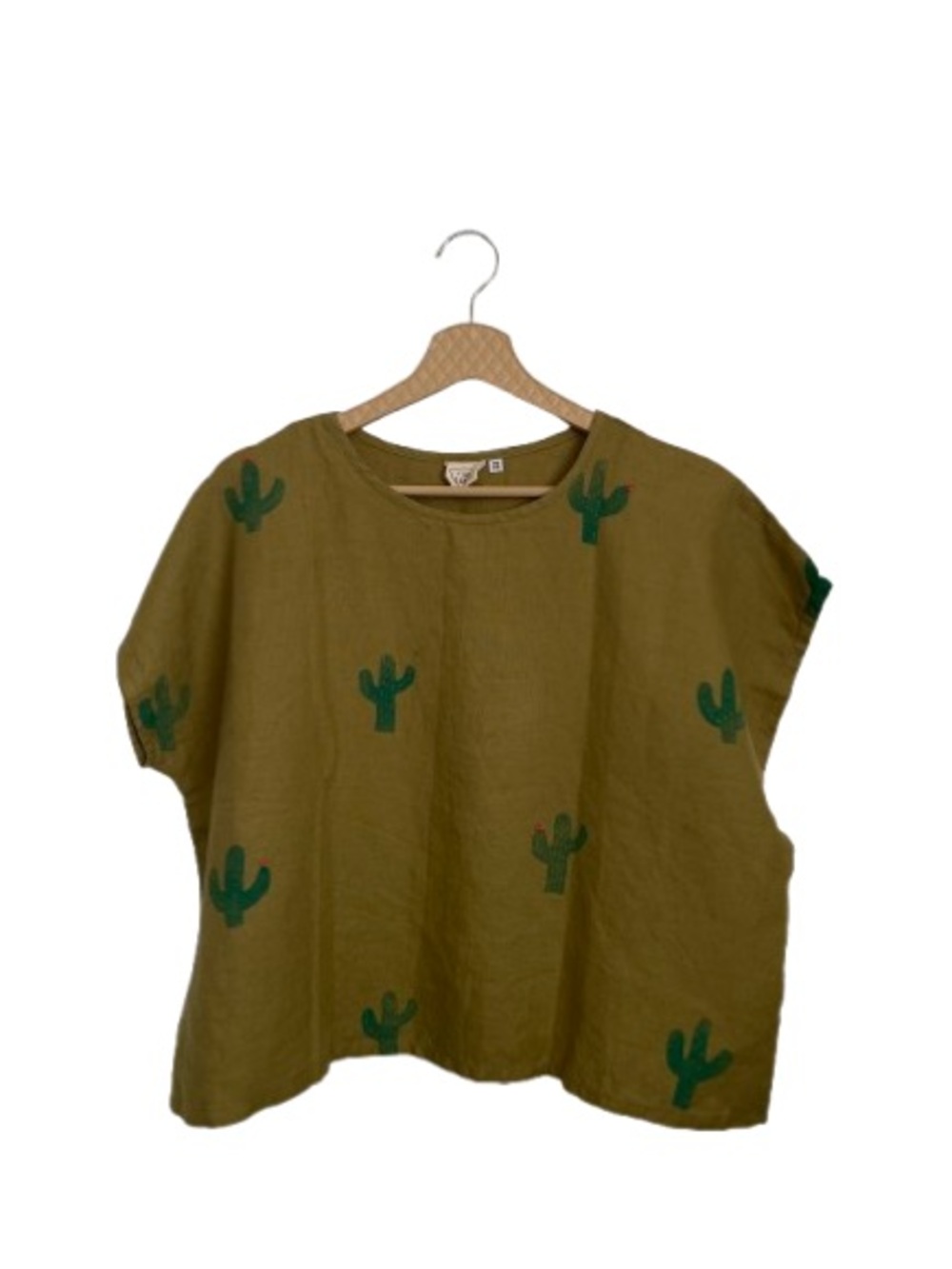 Jenny Lemons 100% Linen Saguaro Cactus Print Boxy Blouse - One Size - Olive